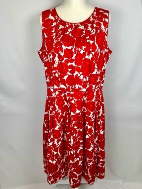 Talbots Sleeveless Fit and Flare Dress Red White Floral Pockets Size 16 Party
